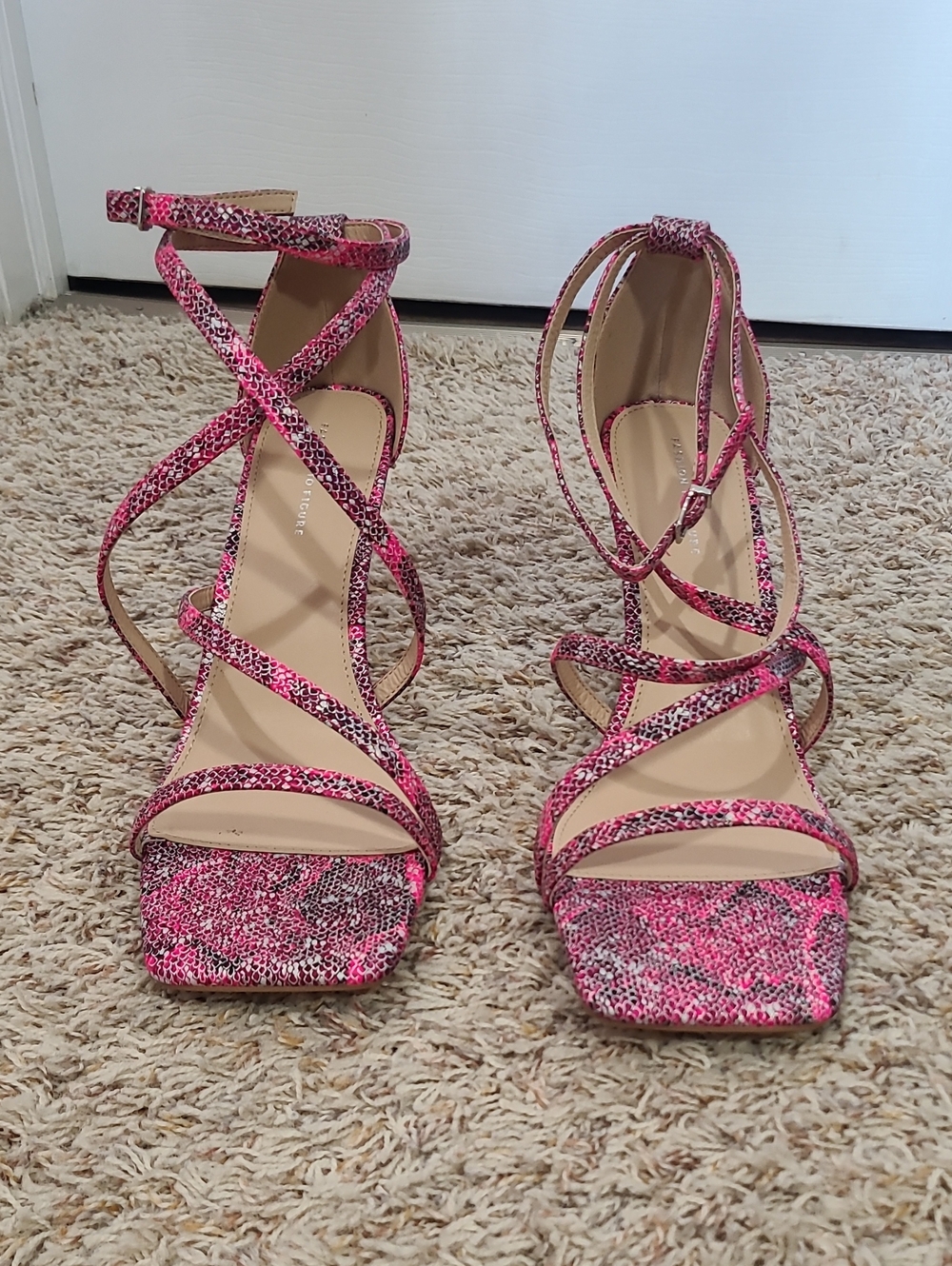 Fashion to Figure Pink Snake-Print Strappy Lace-Up Heels